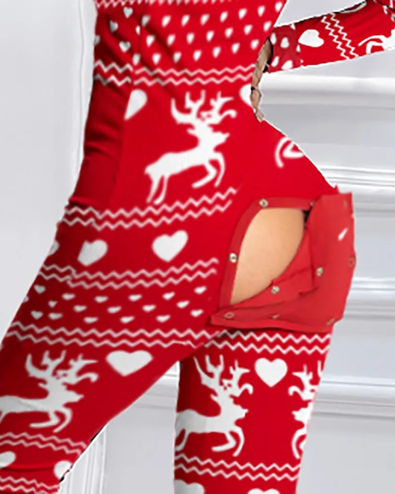 Christmas Cutout Functional Buttoned Flap Adults Pajamas