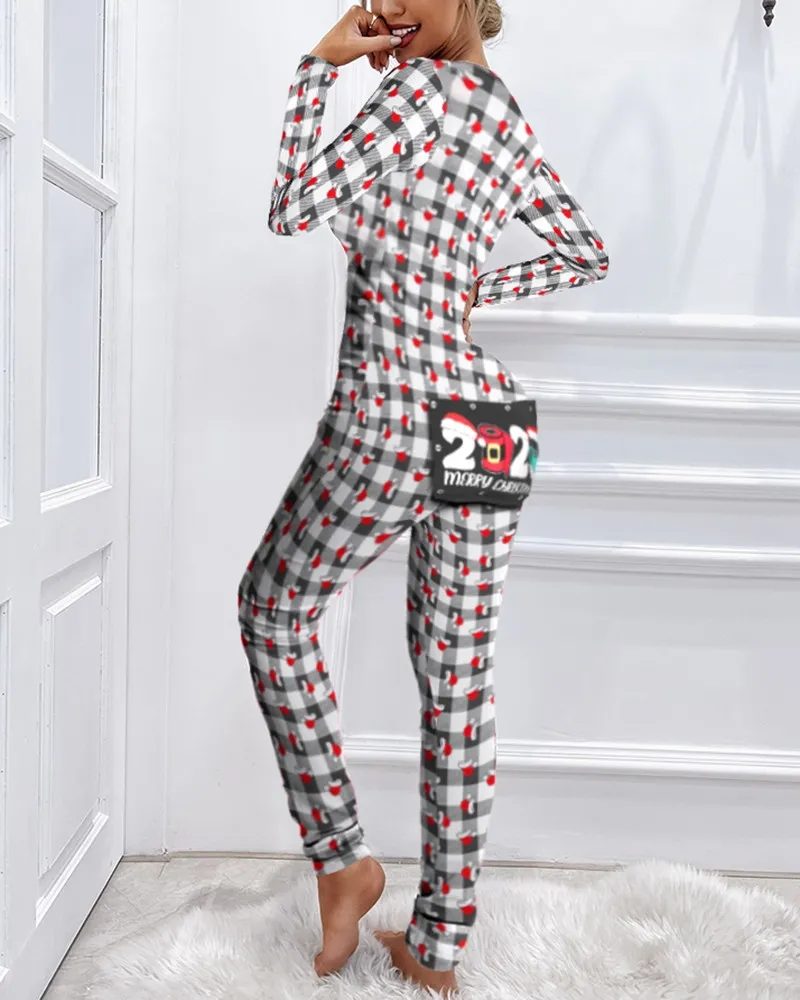 Christmas Graphic Plaid Print Functional Buttoned Flap Adults Pajamas