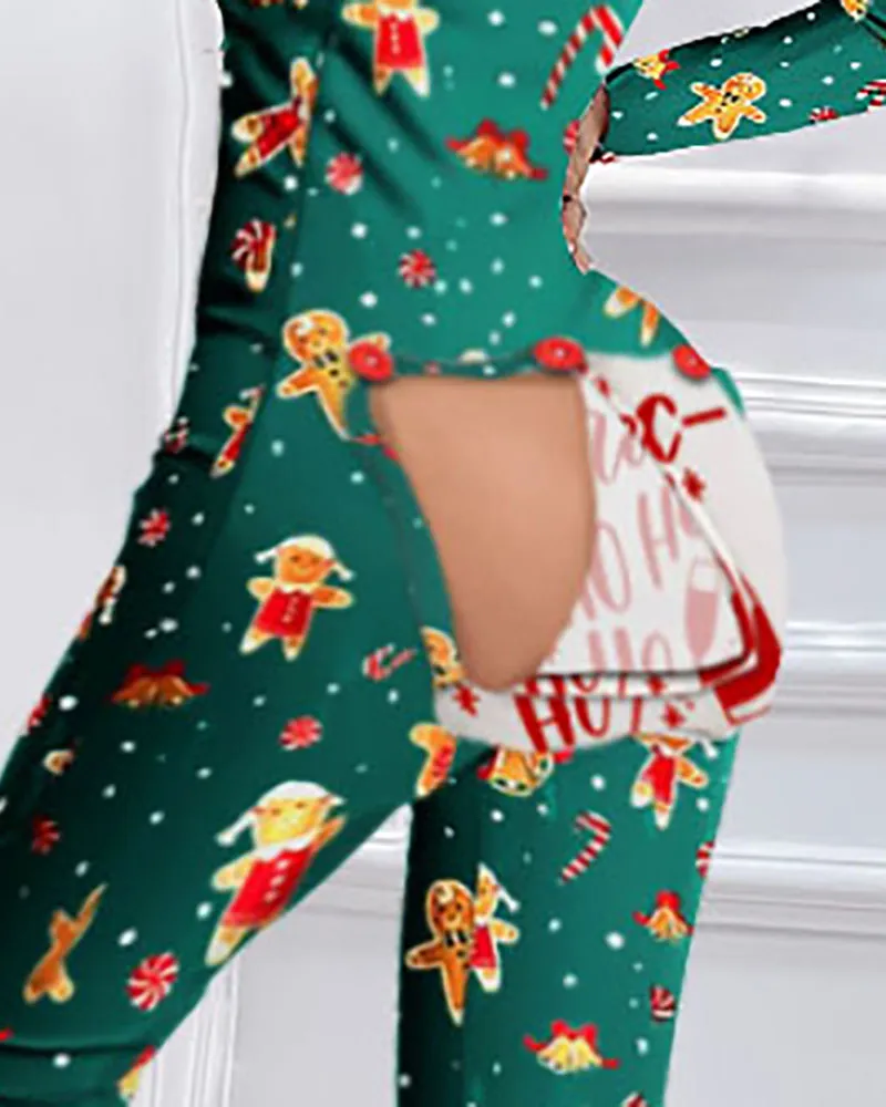 Christmas Print Functional Buttoned Flap Adults Pajamas