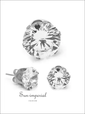 Cubic Zirconia Round Stud Earrings Stainless Steel Silver Ear Piercing Jewelry Men Women