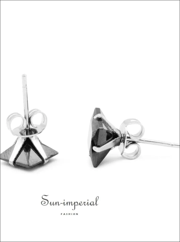 Cubic Zirconia Square Stud Earrings Stainless Steel Black Ear Piercing Jewelry Men Women