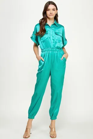 Cuffed Cap Sleeve Satin Cargo Jumpsuit