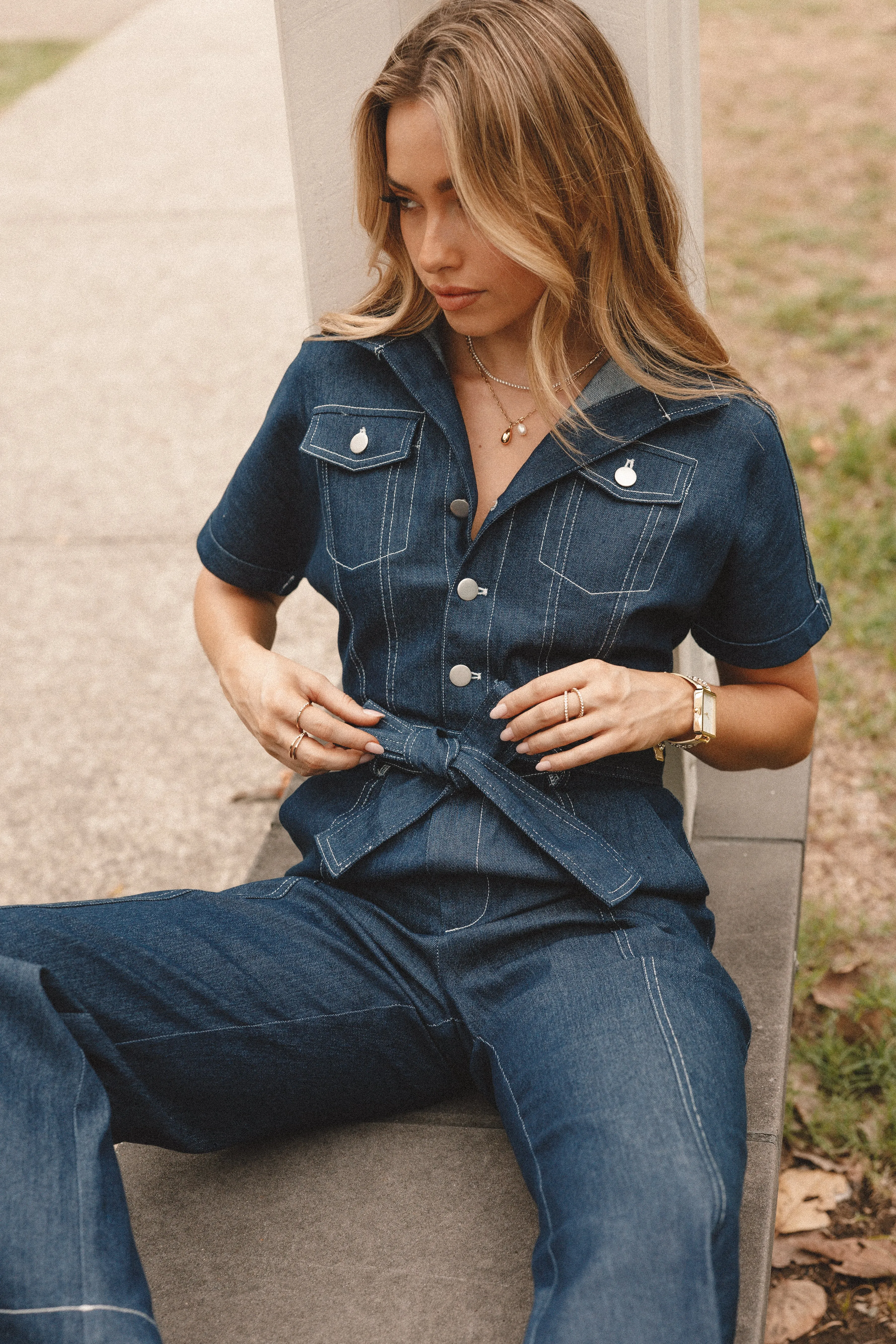 Demi Contrast Stitch Jumpsuit - Dark Denim