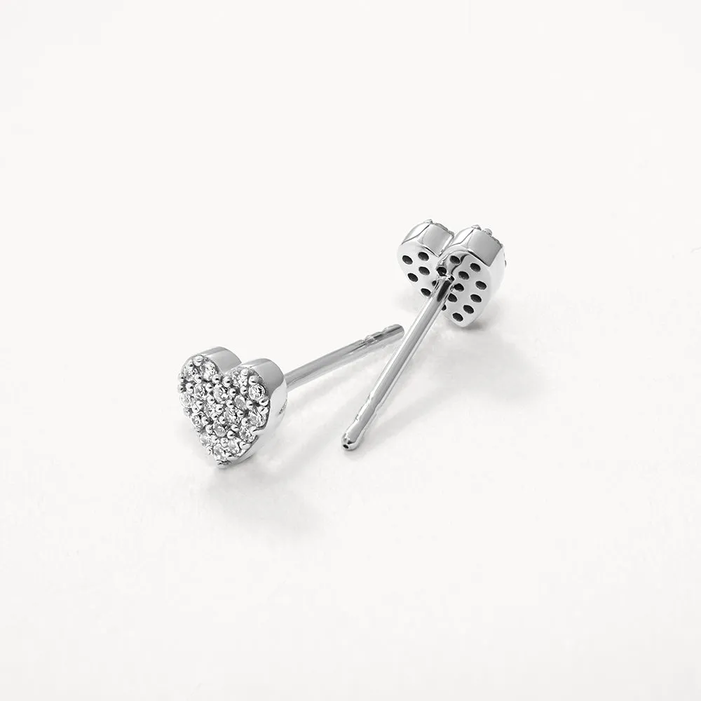 Diamond Micro Pave Heart Stud Earrings in Silver