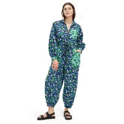 Diane von Furstenberg Nylon Long Sleeves Straight Leg Jumpsuits, Jazz Dots Green