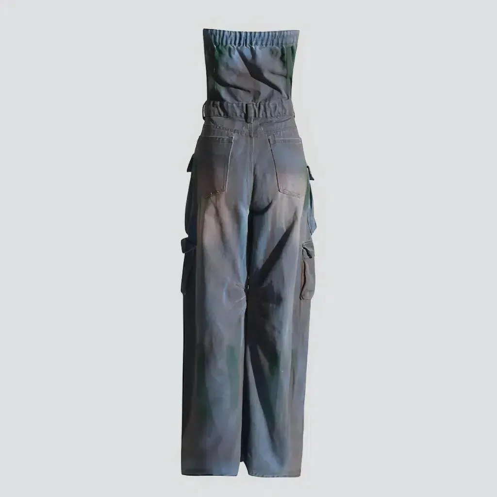 Distressed jean jumpsuit for ladies