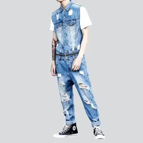 Distressed jean jumpsuit for men