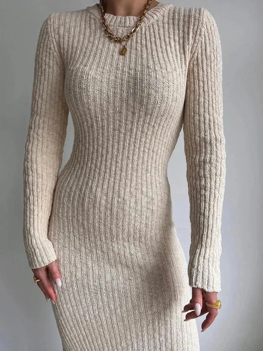 DressBetty - 2024 Casual Solid Knit Round Neck Long Sleeve Sweater Bodycon Dress