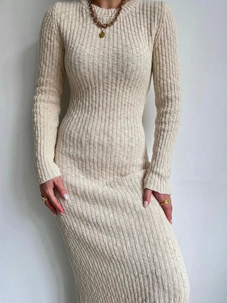 DressBetty - 2024 Casual Solid Knit Round Neck Long Sleeve Sweater Bodycon Dress