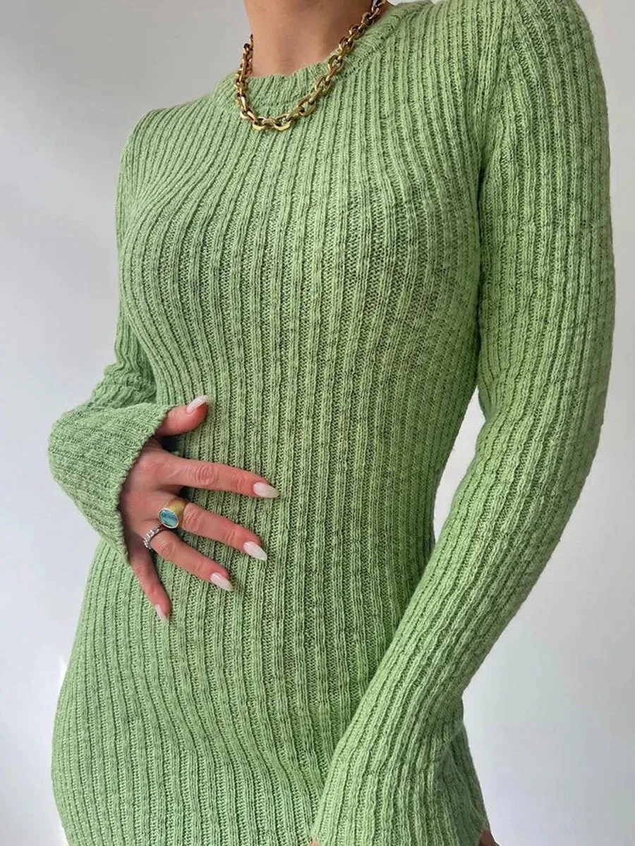 DressBetty - 2024 Casual Solid Knit Round Neck Long Sleeve Sweater Bodycon Dress