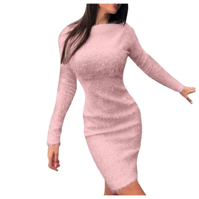 DressBetty - Women Mini Dress Ladies Autumn Winter Knit O Neck Long Sleeves Solid Color Slim Plush Sweater Bodycon Dress Robe