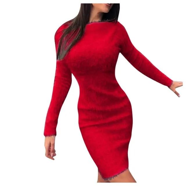 DressBetty - Women Mini Dress Ladies Autumn Winter Knit O Neck Long Sleeves Solid Color Slim Plush Sweater Bodycon Dress Robe