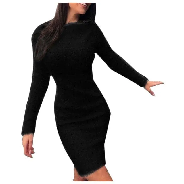 DressBetty - Women Mini Dress Ladies Autumn Winter Knit O Neck Long Sleeves Solid Color Slim Plush Sweater Bodycon Dress Robe