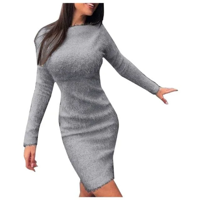 DressBetty - Women Mini Dress Ladies Autumn Winter Knit O Neck Long Sleeves Solid Color Slim Plush Sweater Bodycon Dress Robe