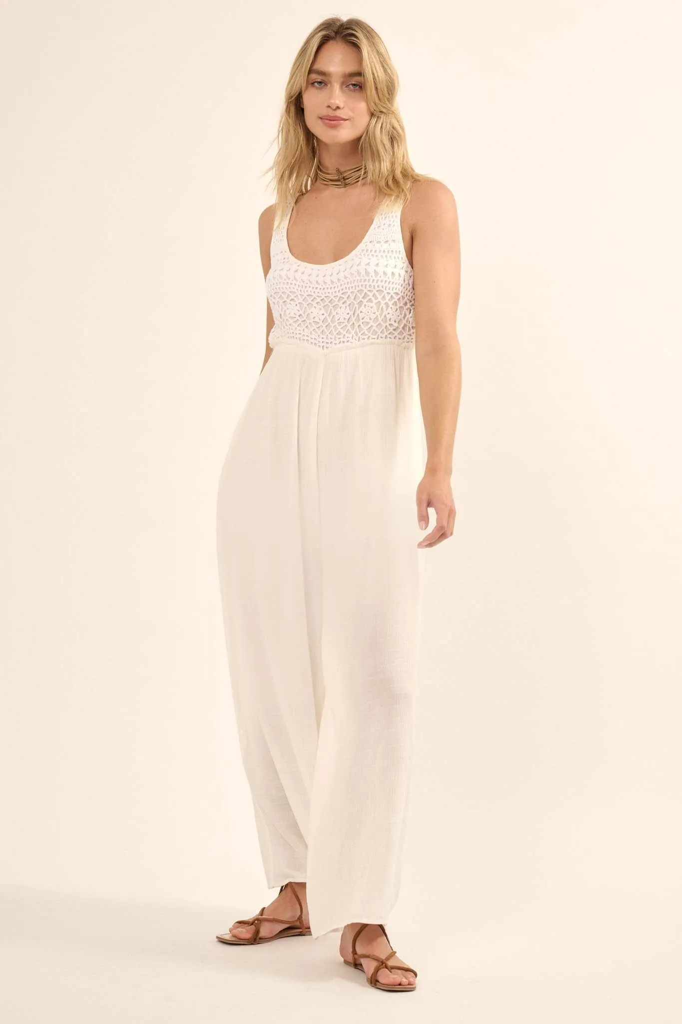 Feeling Fine Crochet Lace Bodice Wide-Leg Jumpsuit