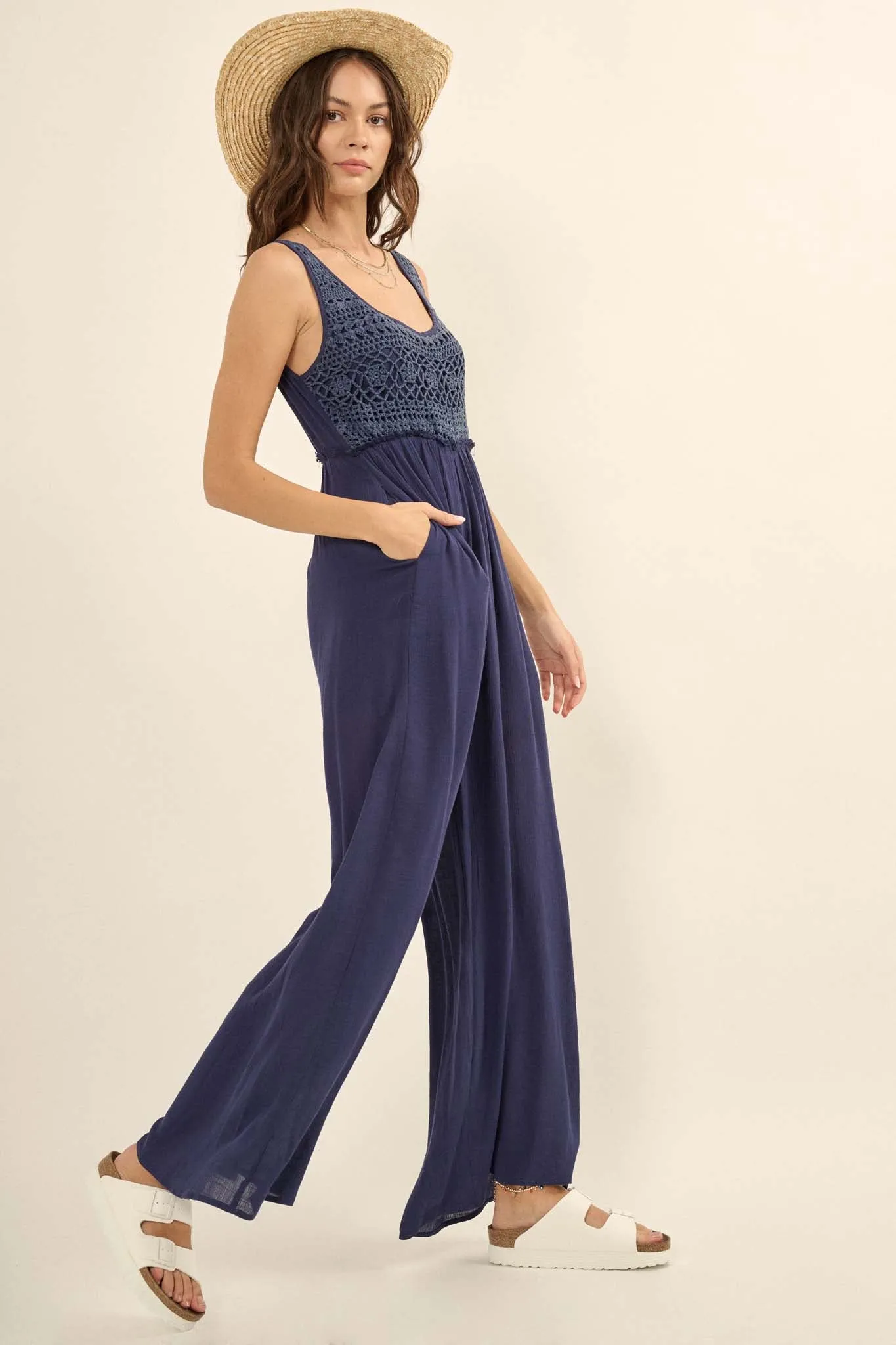 Feeling Fine Crochet Lace Bodice Wide-Leg Jumpsuit