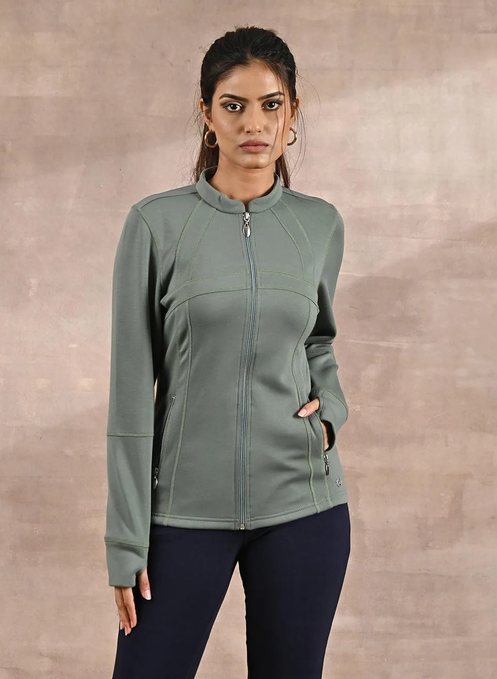 Green Long-sleeve Jacket with Decorative Cuts