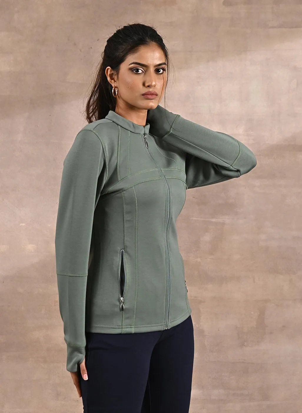 Green Long-sleeve Jacket with Decorative Cuts