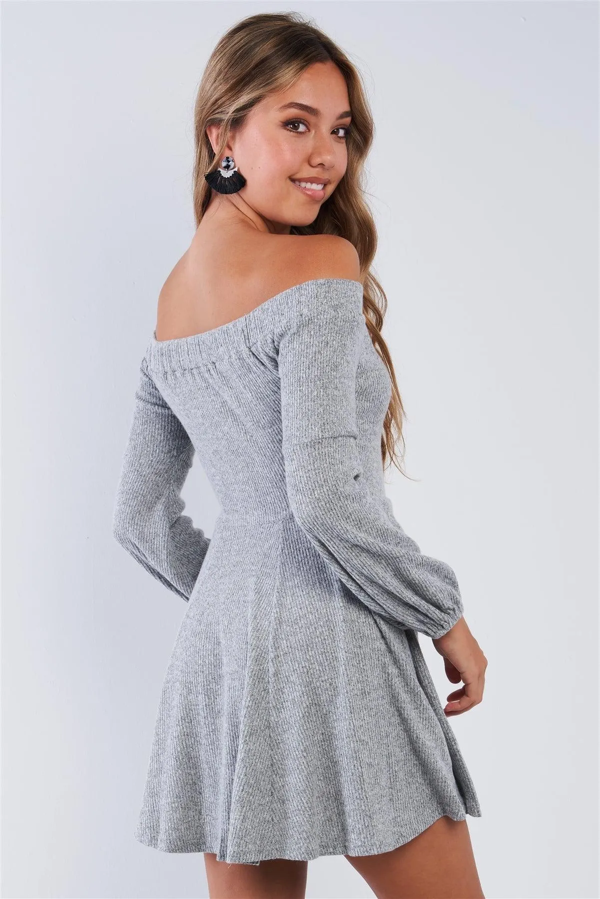 Grey Soft Ribbed Fleece Off The Shoulder Sweater Dress