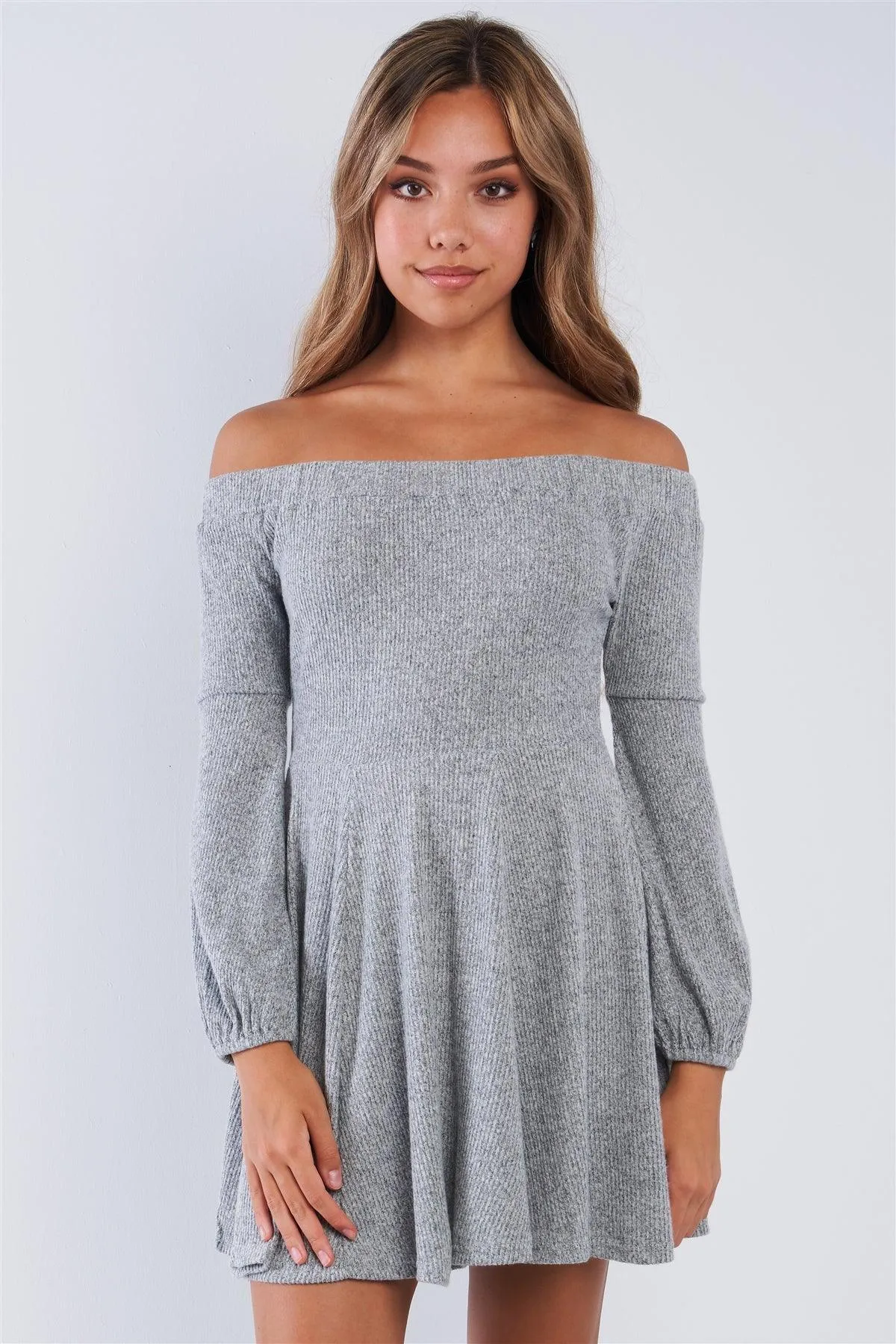 Grey Soft Ribbed Fleece Off The Shoulder Sweater Dress