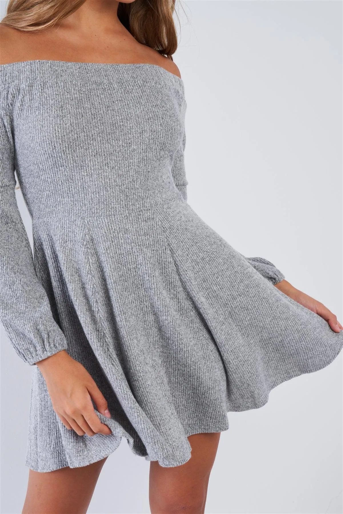 Grey Soft Ribbed Fleece Off The Shoulder Sweater Dress