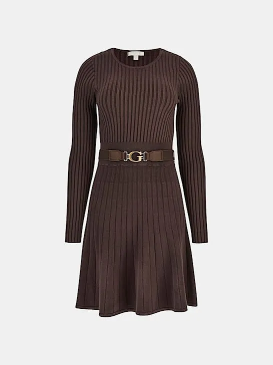 Guess Paige Pleated Mini Sweater Dress - Brown