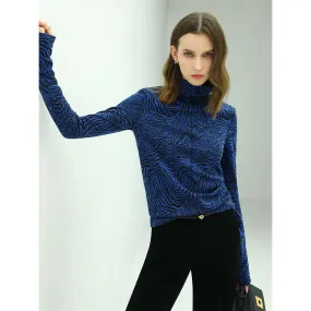 High Neck Zebra Patterned Blue Jacquard Knit Top