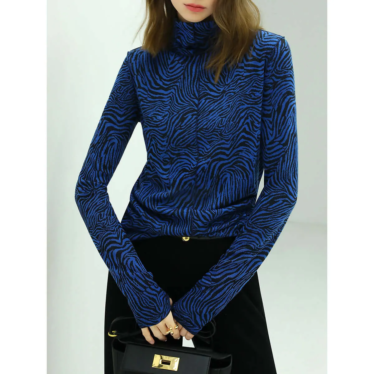 High Neck Zebra Patterned Blue Jacquard Knit Top