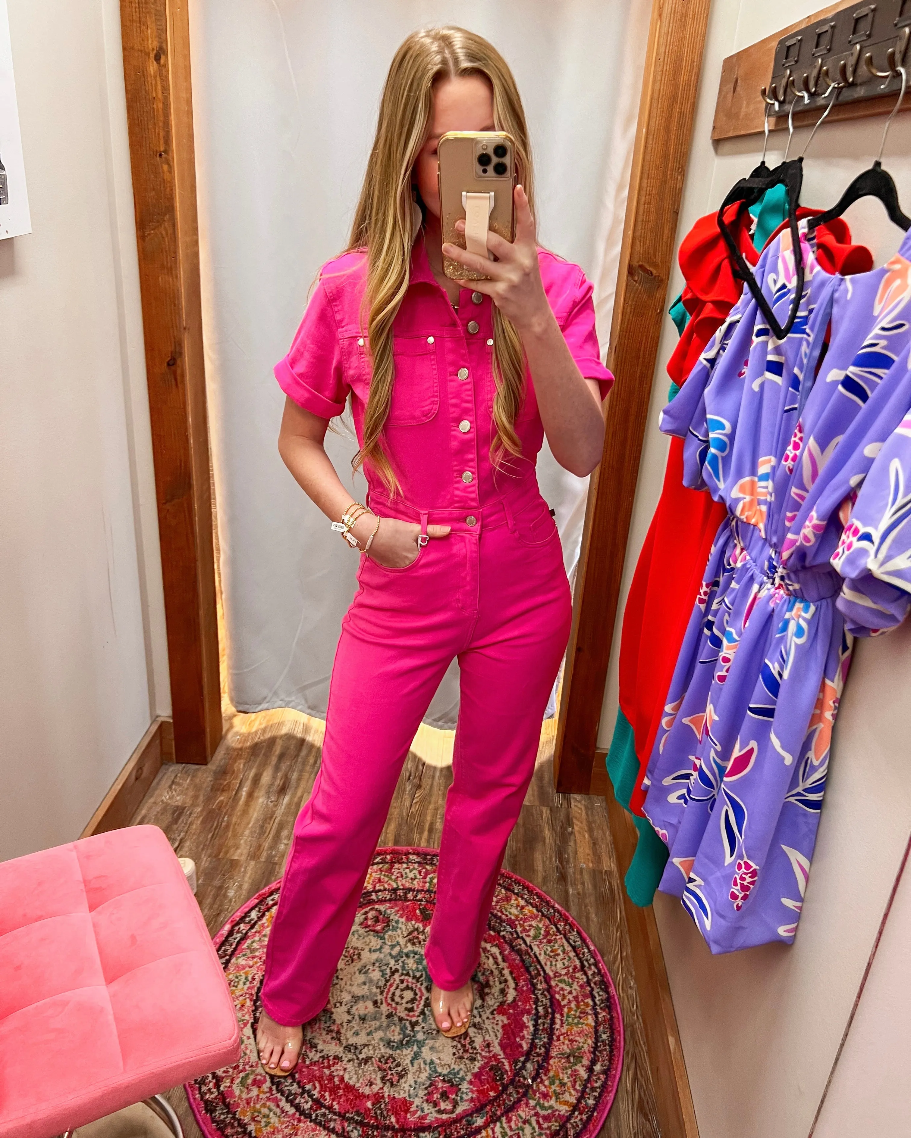 Hot Pink Girlie Judy Blue Denim Jumpsuit