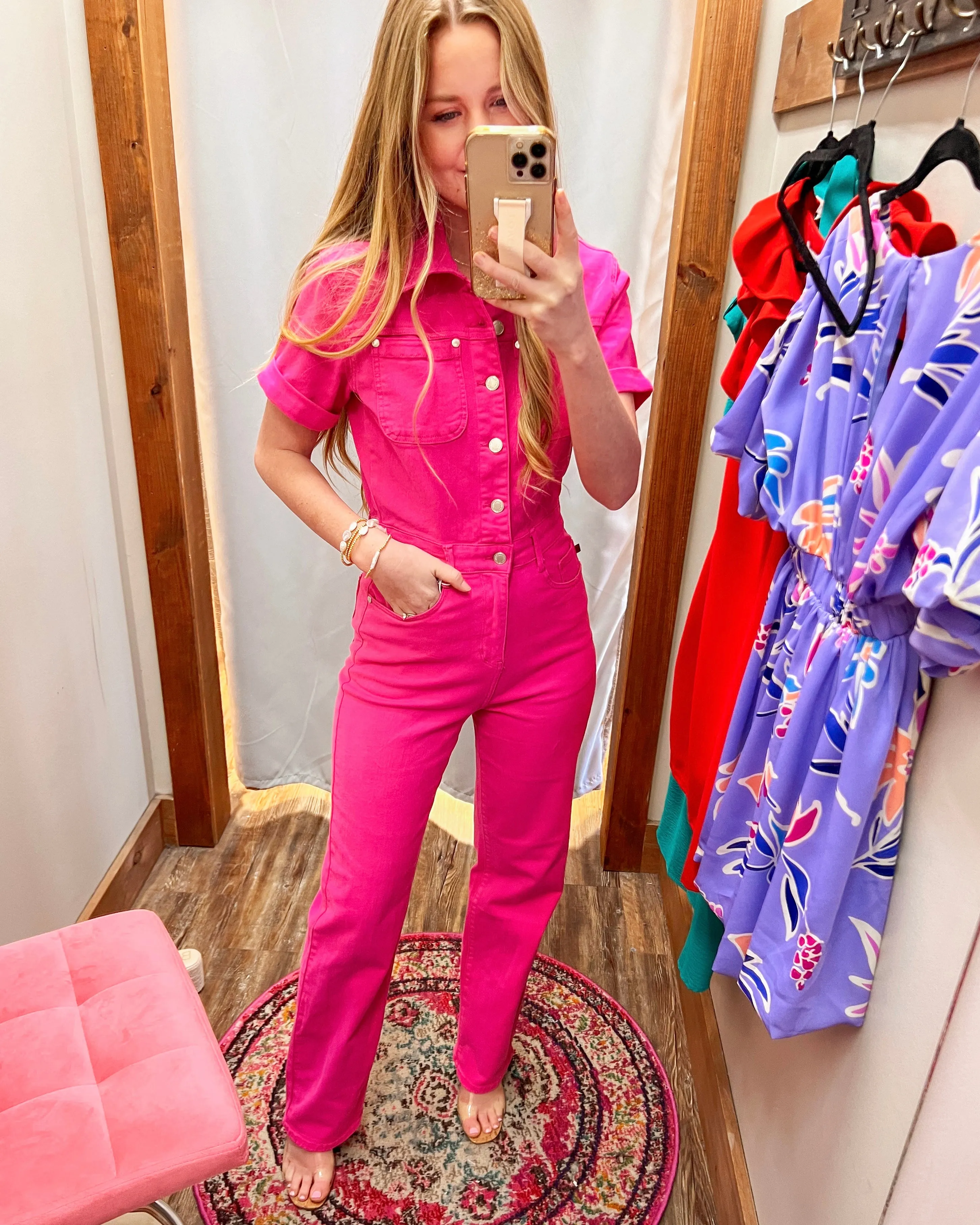 Hot Pink Girlie Judy Blue Denim Jumpsuit