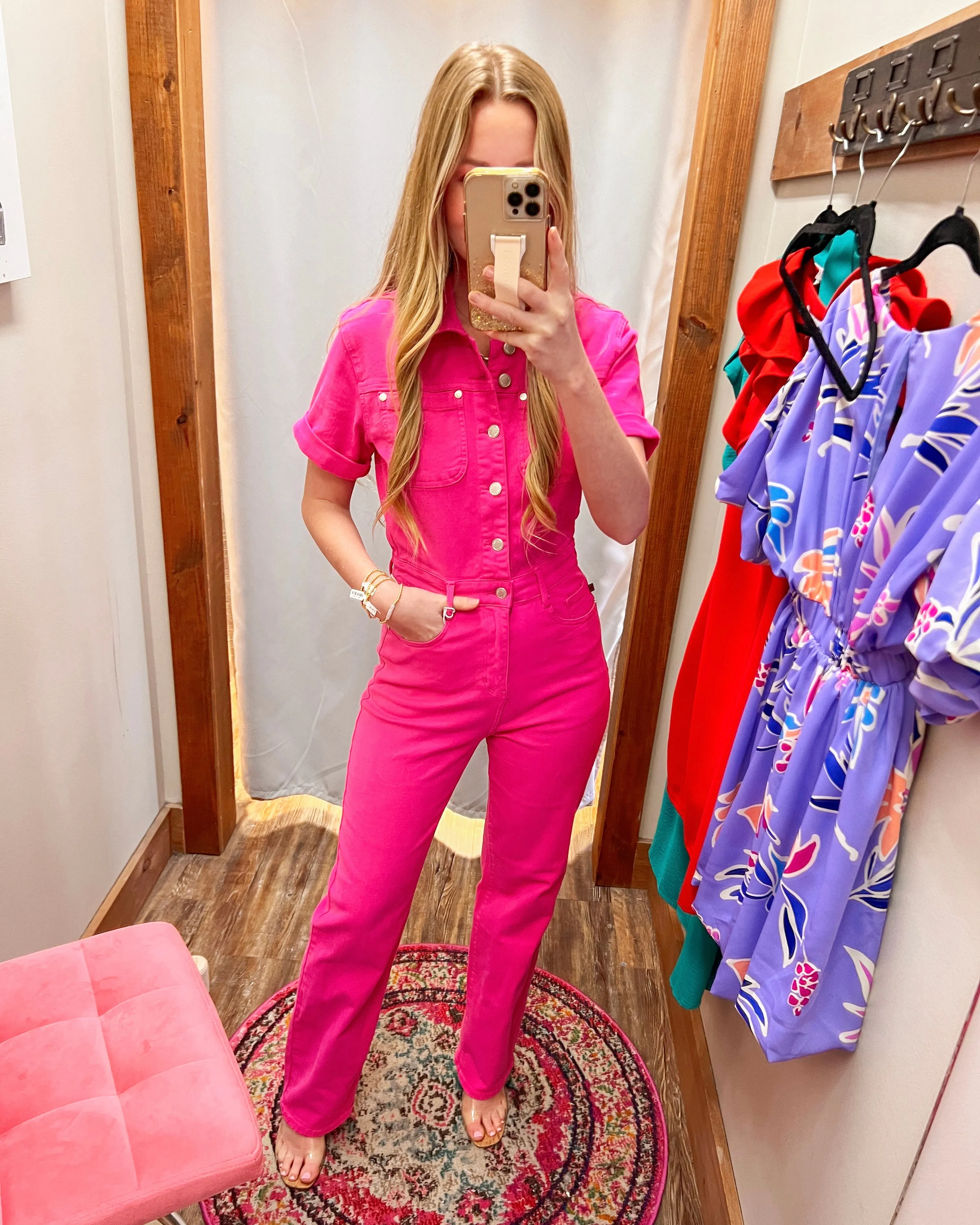 Hot Pink Girlie Judy Blue Denim Jumpsuit