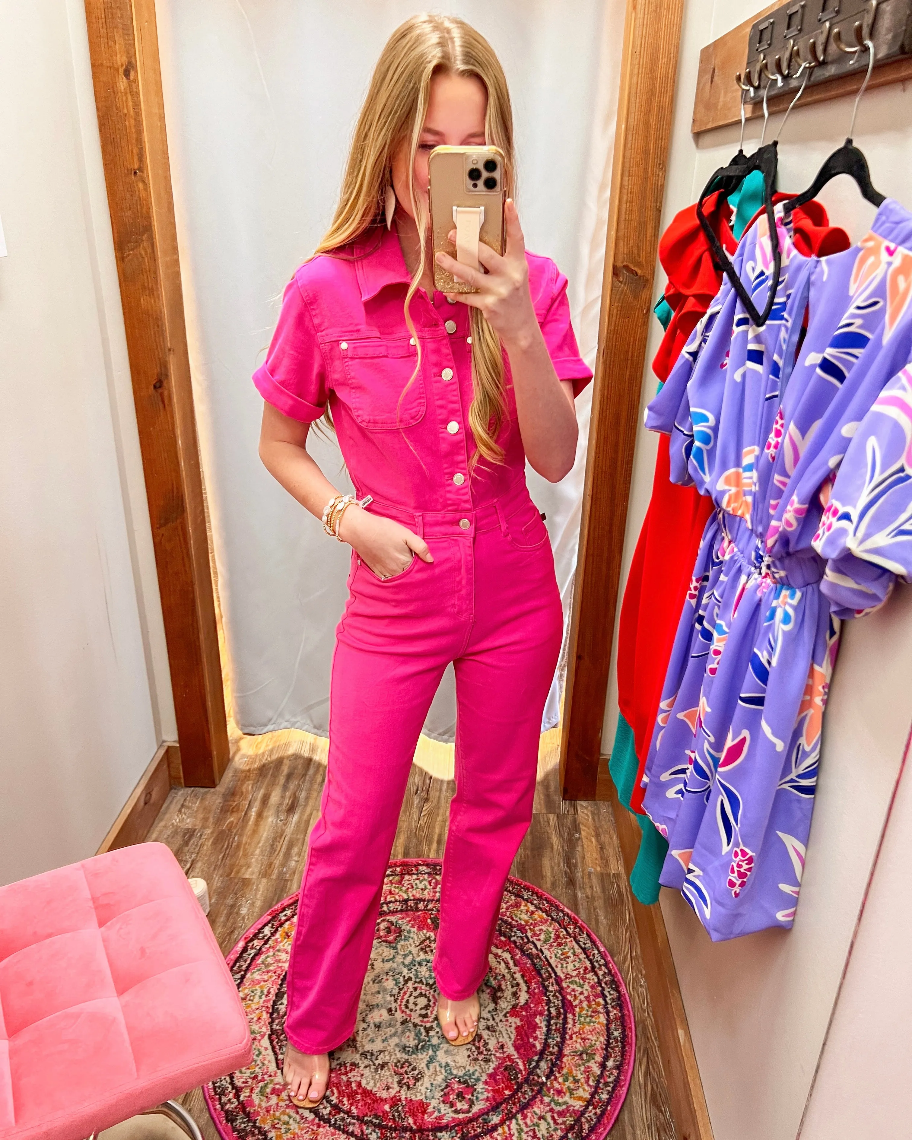 Hot Pink Girlie Judy Blue Denim Jumpsuit