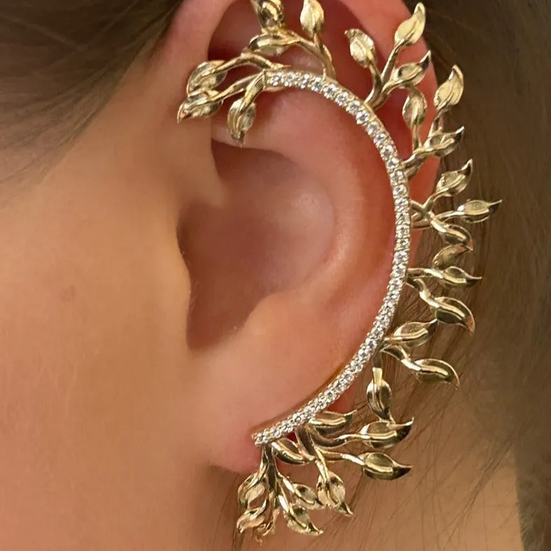 Leaf Shaped Ear Cuff Diamond Climber Earrings 14K Gold