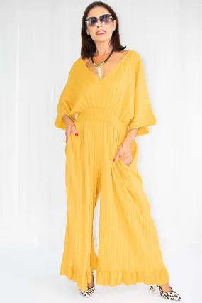 Luciana Wide Leg Palazzo Jumpsuit in Mustard