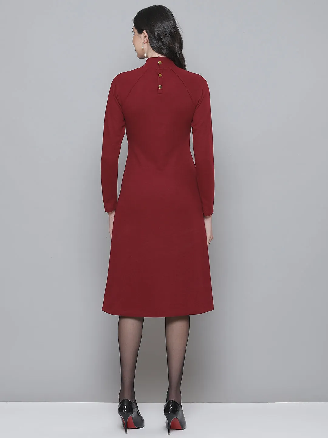 Maroon Rib Turtle Neck Raglan Sleeve Midi Dress