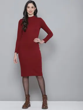 Maroon Rib Turtle Neck Zipped Bodycon Dress