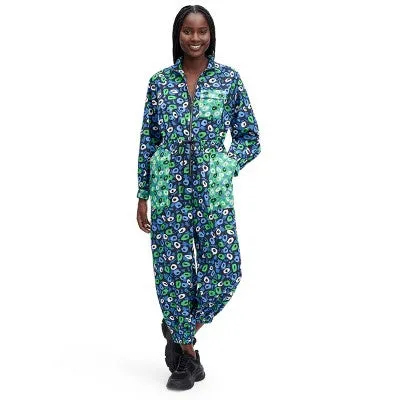 New - Diane von Furstenberg Nylon Long Sleeves Straight Leg Jumpsuits, Jazz Dots Green