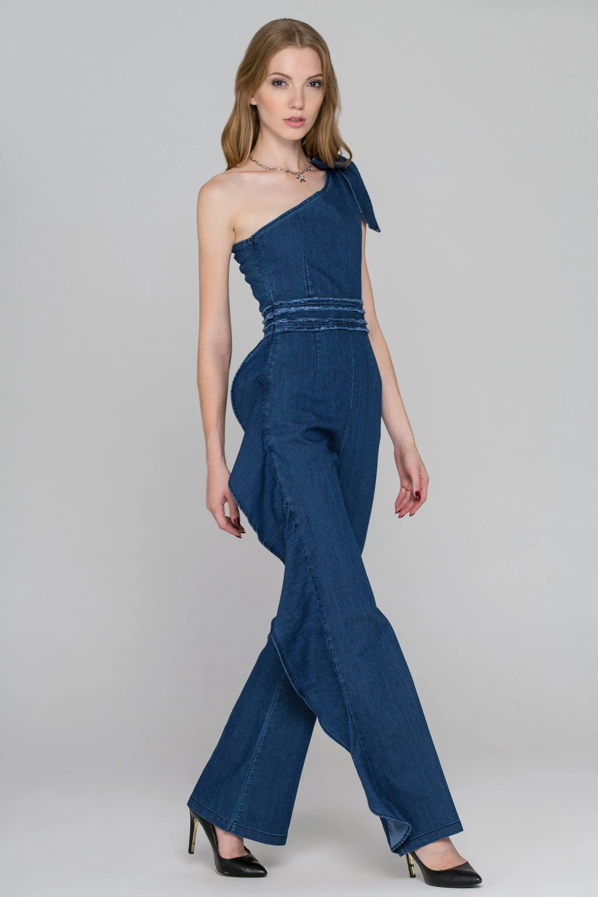 Rania Fawaz - One Shoulder Ruffled Leg Denim Jumpsuit