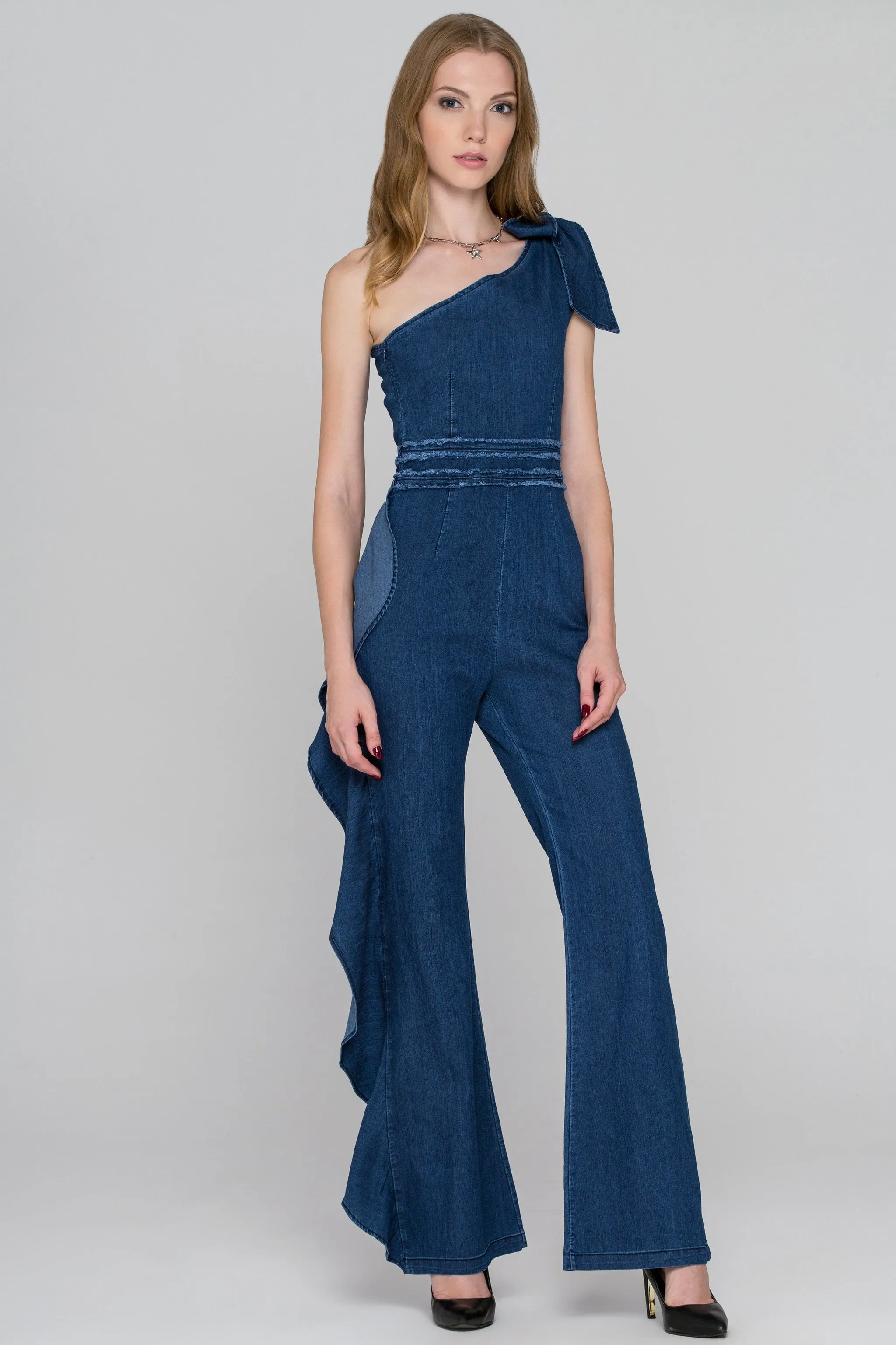 Rania Fawaz - One Shoulder Ruffled Leg Denim Jumpsuit