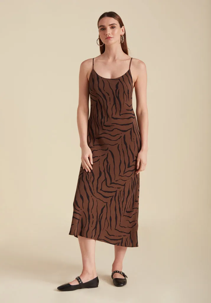 Roxy Sphagetti Strap Tiger Midi Dress In Brown