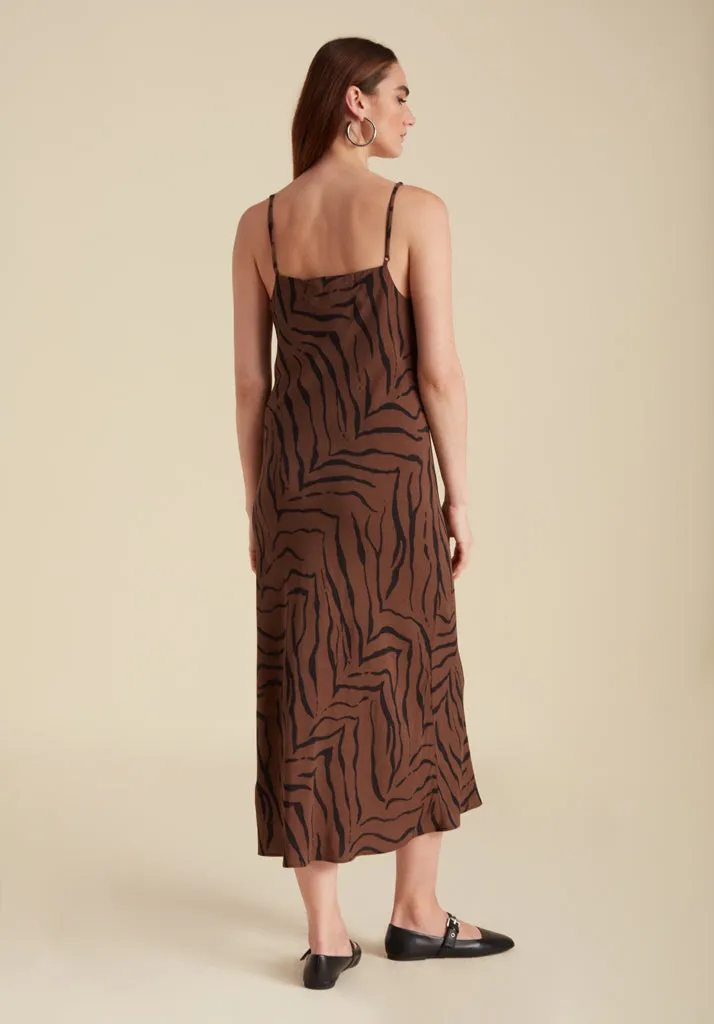 Roxy Sphagetti Strap Tiger Midi Dress In Brown