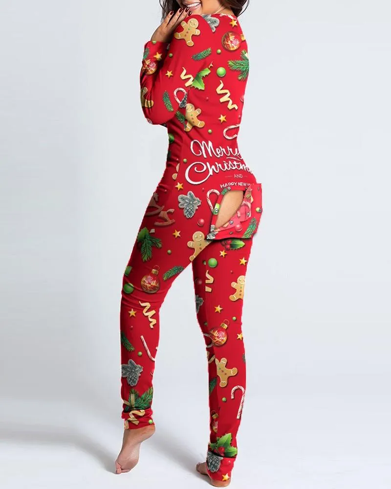 Sexy Pajama for Women Christmas Pajamas New Year Jumpsuit Sleepwear Button-down Front Back Butt Bum Open Ass Flap Jumpsuit Xmas Print Loungewear