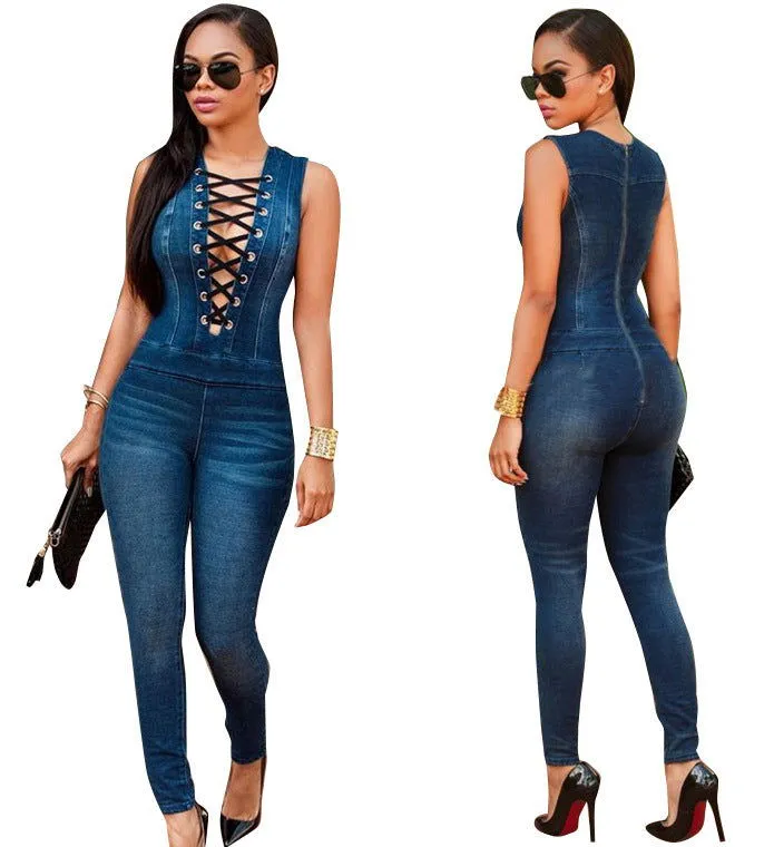 Sleeveless Open Cutout Lace Trim Denim Jumpsuits