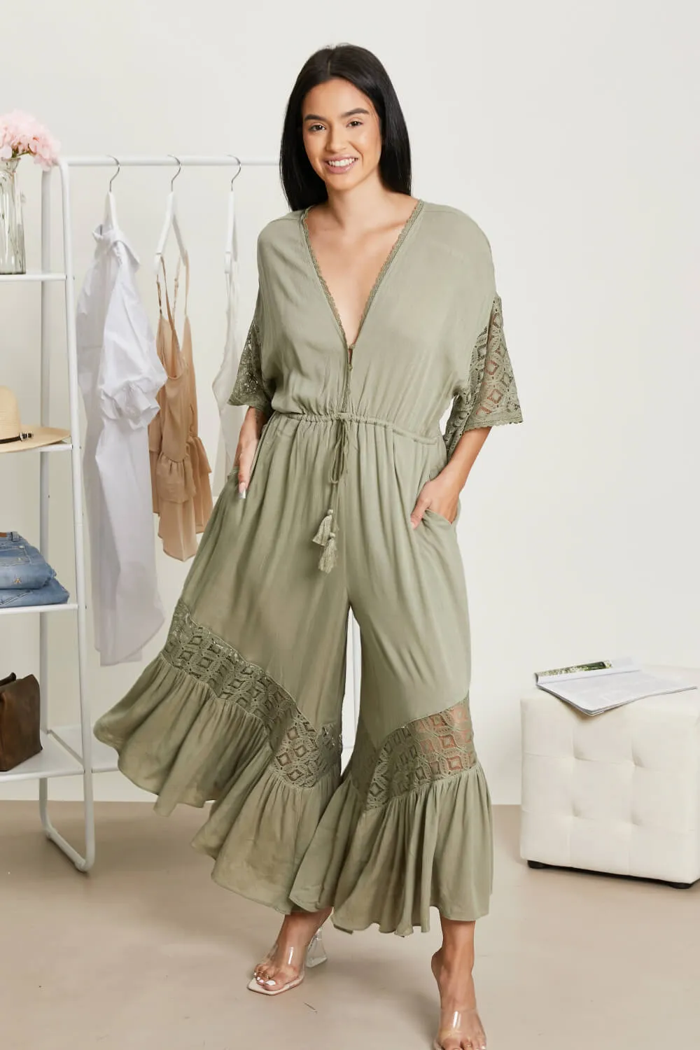 Sweet Lovely by Jen Isn't She Lovely Full Size Lace Detail Jumpsuit in Cactus