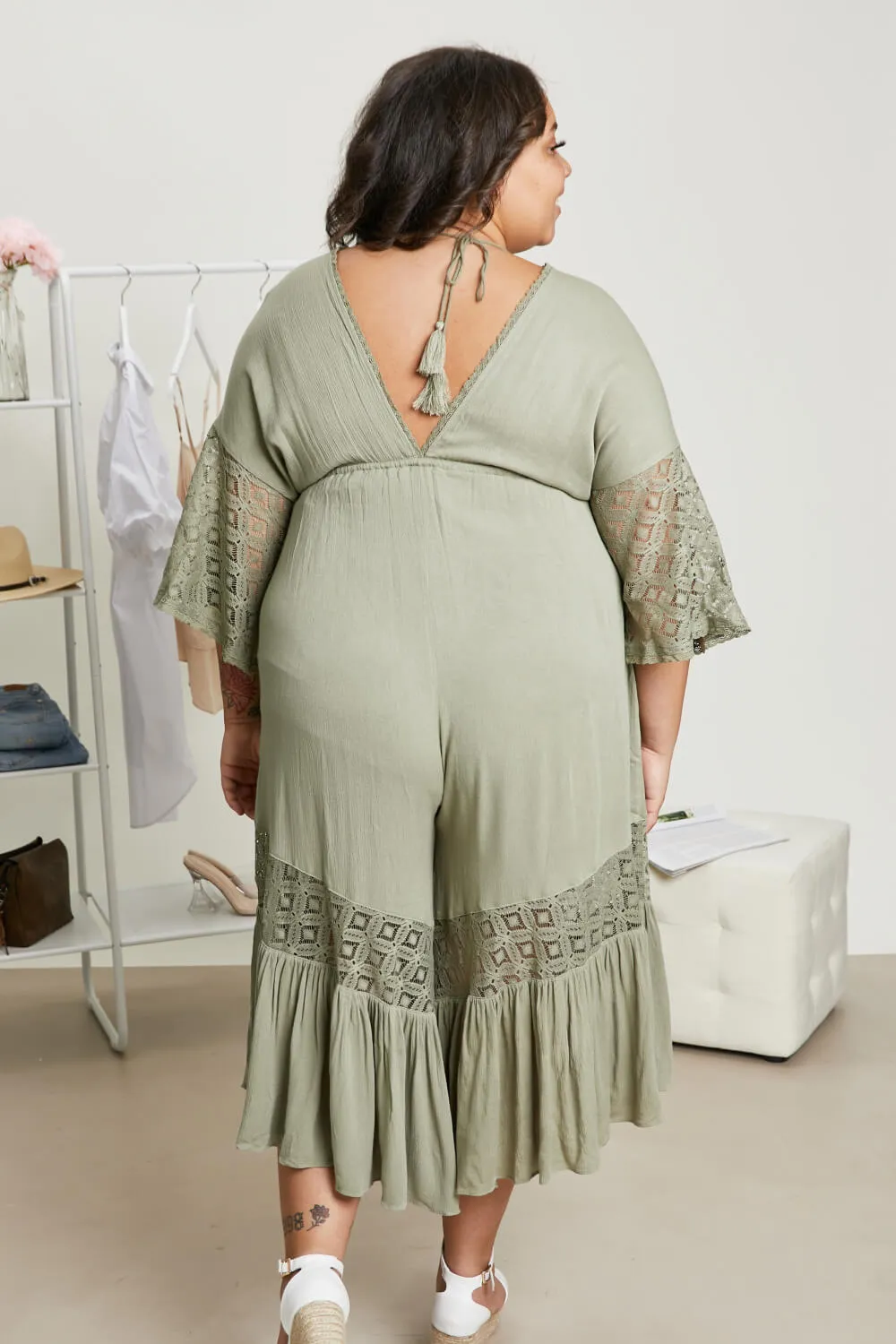 Sweet Lovely by Jen Isn't She Lovely Full Size Lace Detail Jumpsuit in Cactus