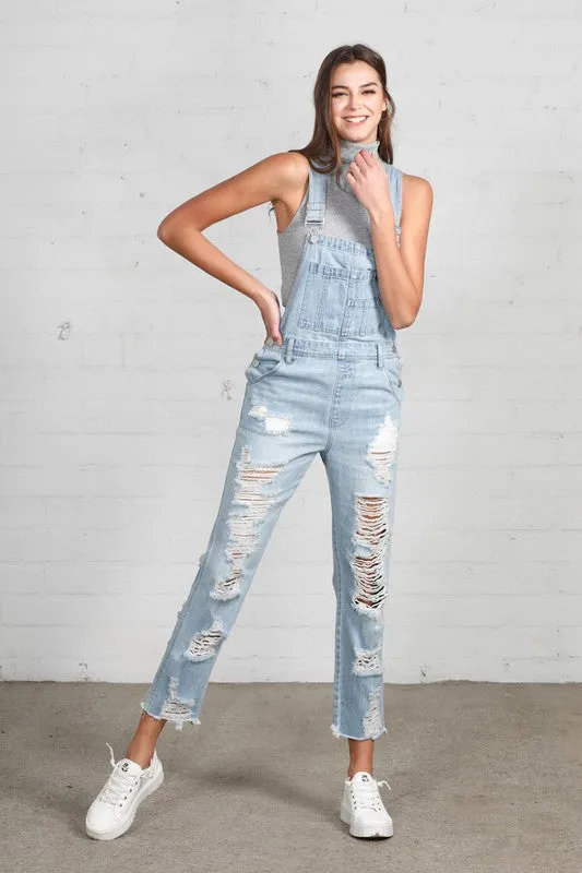 TEEK - Light Wash High Waist Heavy Distressed Straight Overalls