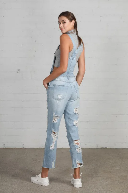 TEEK - Light Wash High Waist Heavy Distressed Straight Overalls