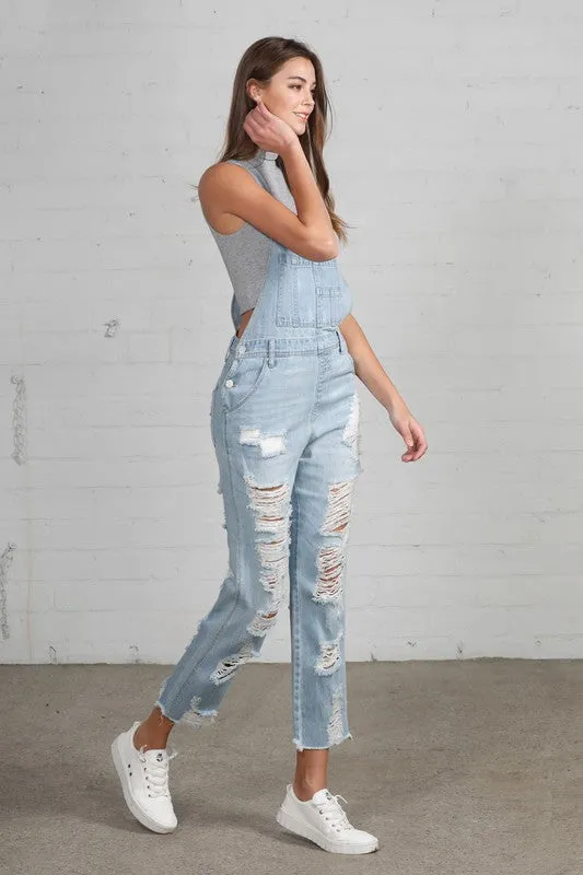 TEEK - Light Wash High Waist Heavy Distressed Straight Overalls