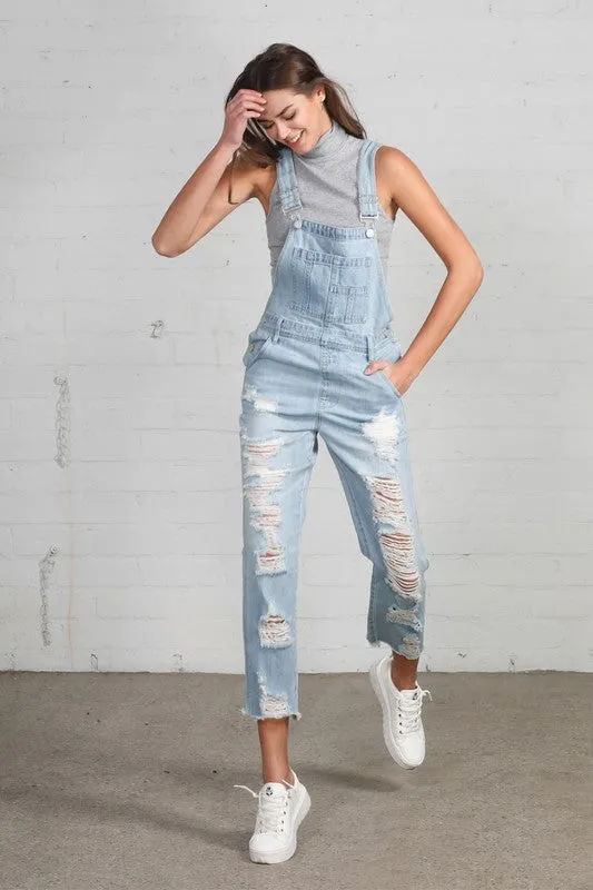 TEEK - Light Wash High Waist Heavy Distressed Straight Overalls