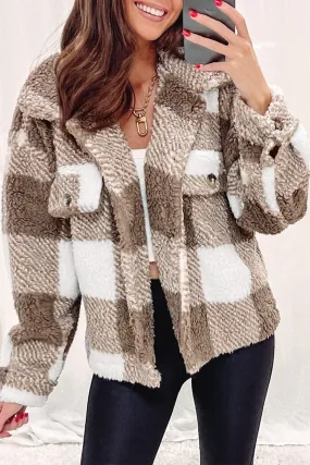 Wholesale Khaki Plaid Buttoned Collared Sherpa Jacket